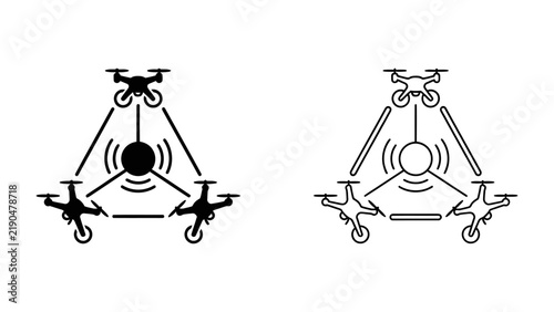 Drone Network Symbol: A stylized graphic representation of three drones arranged in a triangular formation, interconnected by signals originating from a central hub.