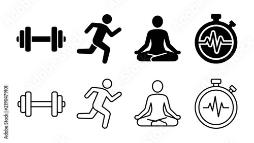 Fitness Icons Set: A collection of stylized icons representing fitness and wellness, including dumbbells, running figures, meditative poses, and a stopwatch displaying a heartbeat.