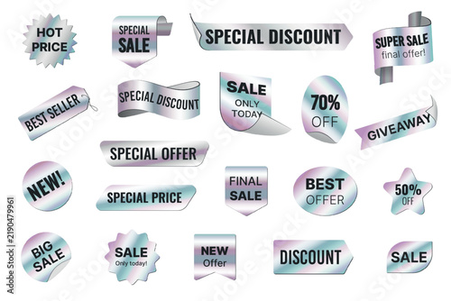 Set of chrome gradient sale stickers with discount, offer, and promotion messages in various shapes, ideal for marketing and advertising designs, isolated on white background vector illustration