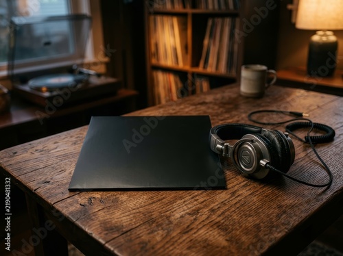Vinyl record and headphones on a wooden table with bookshelf