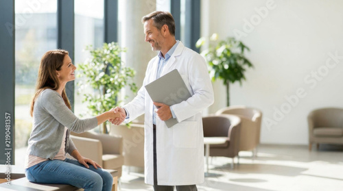 Medical clinic handshake patient discharge consultation office doctor file agreement care support recovery treatment followup