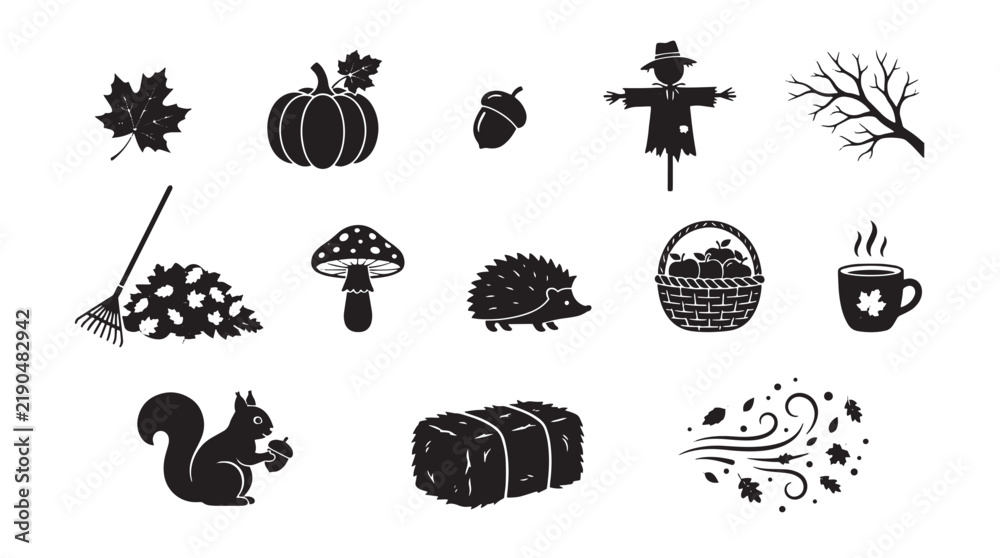 Obraz premium Set of autumn harvest icons featuring pumpkin, maple leaf, squirrel, scarecrow, mushroom, and hay bale in black silhouette style for seasonal design projects and fall themed graphics on transparent