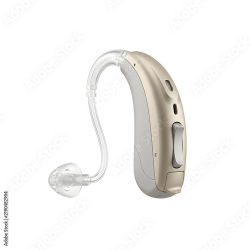 Modern beige behind the ear hearing aid device isolated background.