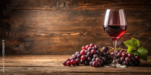 A rich, bold red wine glass placed on a wooden table with a few grapes scattered around it, wooden table