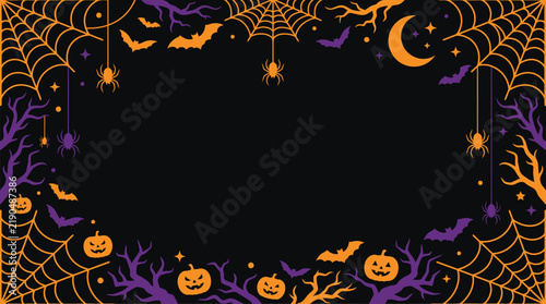 A spooky dark halloween background vector featuring carved pumpkins bats and cobwebs for festive holiday party invitation card design templates