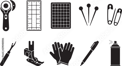 Bild auf Leinwand Set of ten black silhouette representing sewing, crafting, and tailoring tools i