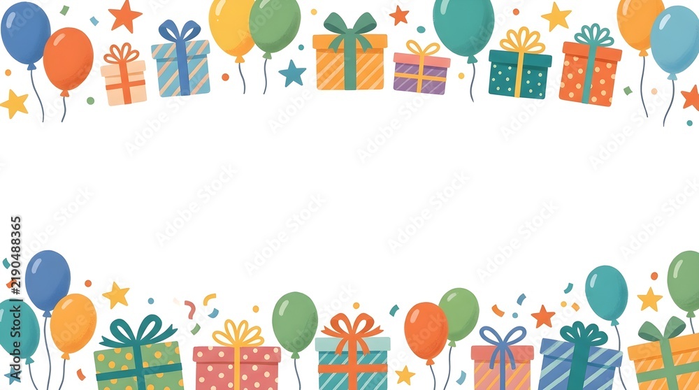 Fototapeta premium Birthday party background with gifts and balloons banner frame