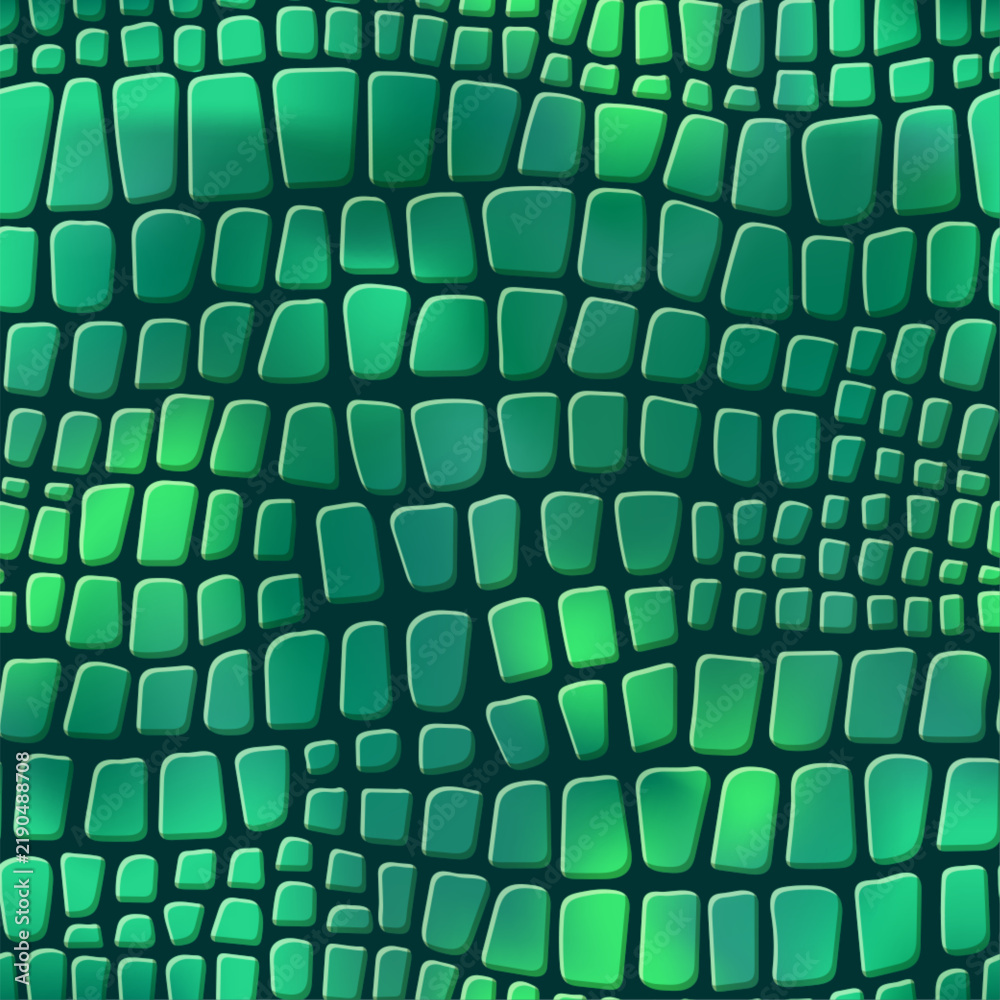 Fototapeta premium Seamless green crocodile skin pattern. Reptile leather vector background. Gradient animal print texture. Hand drawn glossy spotted wildlife organic shape. Fashion snake textile, wrapping paper, decor.