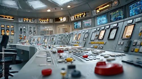 Control Room Hub: A futuristic control room filled with complex monitoring equipment, glowing screens, and a multitude of buttons and levers, suggesting advanced technology and operations.