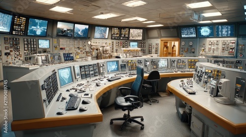 Control Room Hub: A state-of-the-art control room equipped with numerous monitors, complex machinery, and advanced technology, indicating a central hub for monitoring and operations.