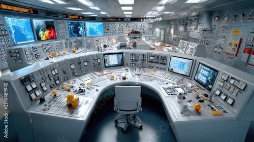 Control Room Futuristic: A state-of-the-art control room featuring advanced technology, multiple monitors displaying data, and an ergonomic chair, designed for optimal operation and monitoring.