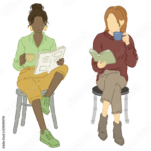 Two women relaxing in a cafe, drinking coffee and reading books or newspapers while seated comfortably indoors.