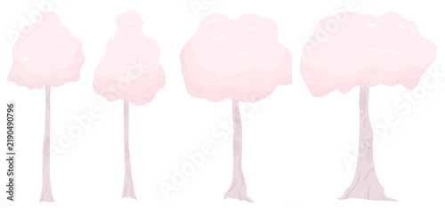 Minimal collection of soft pink flowering trees with varied trunks and rounded crowns, arranged individually on a clean white background.
