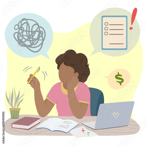Person sitting at a desk and thinking while working on notes, with a laptop, books, pencil, plant, and symbols representing money and tasks.