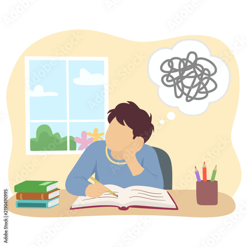 Student struggling to focus while studying at a desk, distracted by thoughts, books, pencils, and a bright outdoor view through the window.