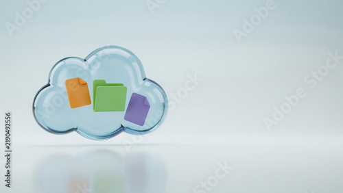 3d glass cloud storage icon with document files and folder