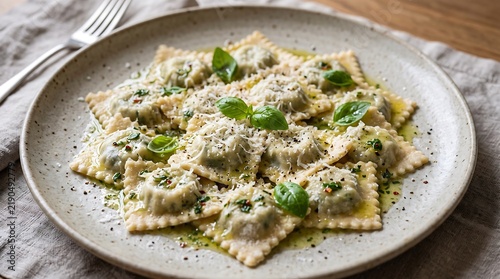 Close-up of handmade ravioli on a plate with fresh herbs in a rustic setting