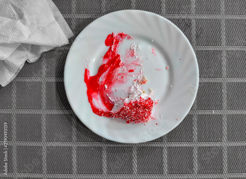 Bild auf Leinwand A white plate holds leftover red berry cake crumbs and smear of sweet cream