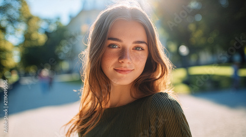 Natural Beauty Portrait of Young Woman Enjoying Warm Morning Sunlight Outdoors