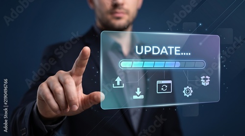 Obraz na płótnie Businessman using a digital interface with update progress bar and file upload icons for efficient cloud-based document management and data transfer systems
