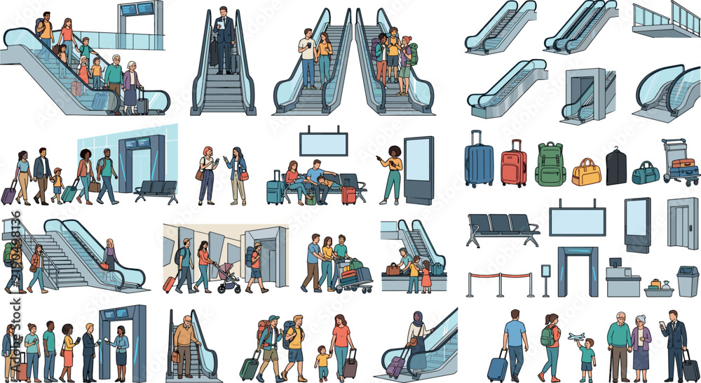 Fototapeta premium Flat vector illustration set of airport subway station passengers riding escalators checking luggage security gates and transit terminal elements
