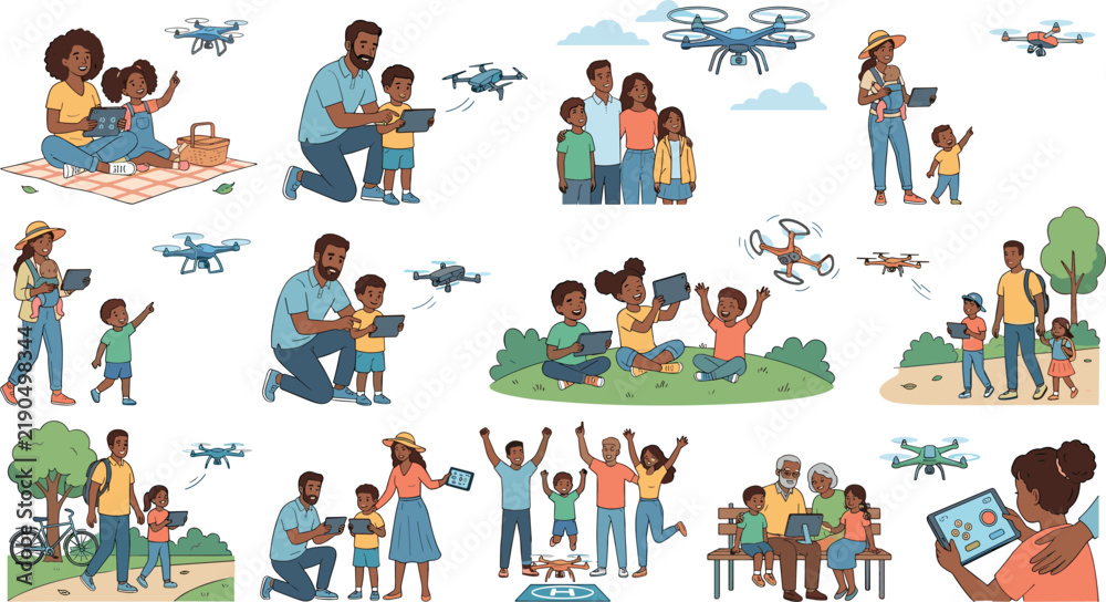 Fototapeta premium Flat vector illustration set of diverse happy families and kids flying quadcopter drones outdoor in park using remote control tablets