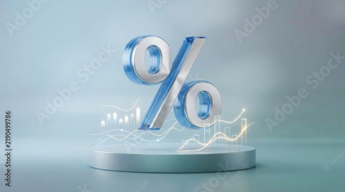 A blue percentage symbol floats above a circular pedestal with a rising graph in the background.
