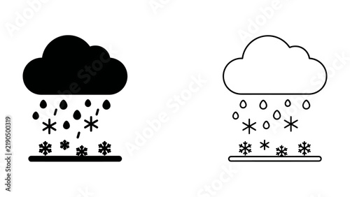 Konstfotografi Weather Icons: A graphic representation of precipitation from a cloud, showing both rain and snow falling onto a surface with snowflakes