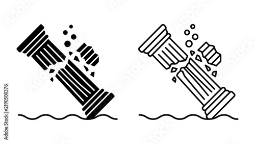 Obraz na plátne Broken Column Icon: Two stylized icons depict a classic column crumbling and breaking apart, symbolizing failure, collapse, or ruin
