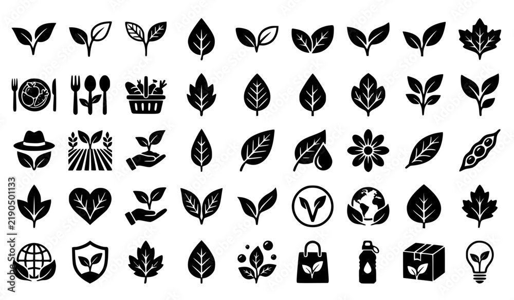 Obraz premium Two leaf eco logo symbols with nature and plant based food icons