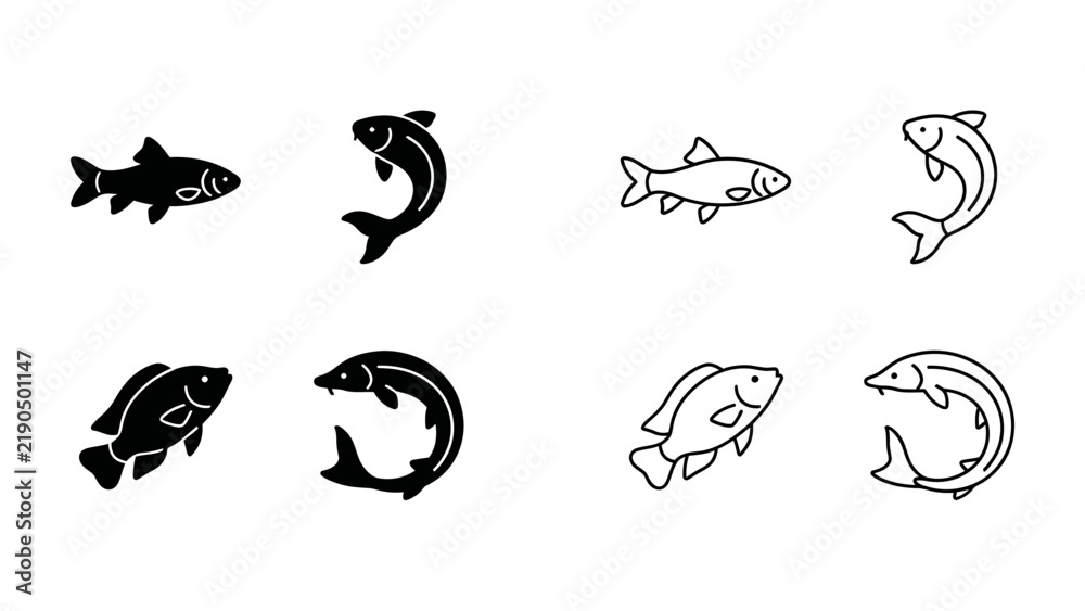 Fototapeta premium Fish Icon Set: A collection of stylized fish icons, featuring both solid silhouettes and outline designs, representing aquatic life in various poses.