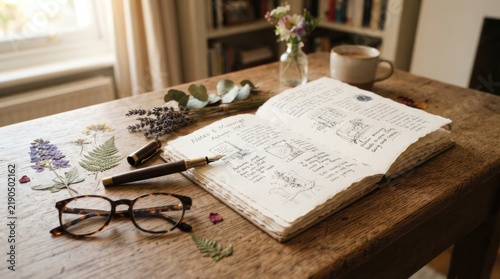 A person is writing in an open notebook on a wooden table. Dried flowers and a pen rest beside the notebook.