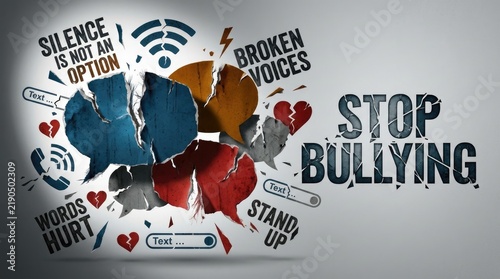A graphic design features a distressed, fragmented background resembling a shattered heart, overlaid with bold text and digital elements. The central message 'STOP BULLYING' is prominently displayed.