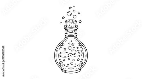 Принти на полотні Hand Drawn Magic Potion Bottle with Bubbles and Stars