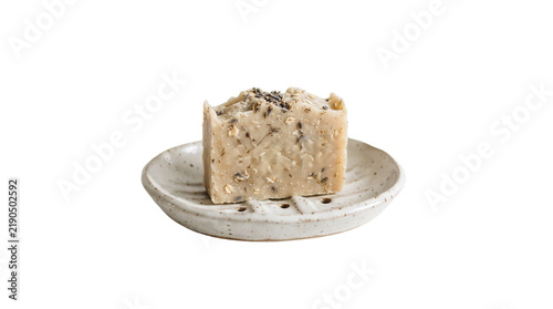 Quadro su tela Organic handmade oatmeal lavender soap bar sitting on ceramic dish