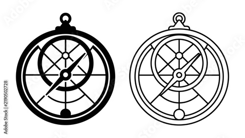 Foto Astrolabe Icon: A simplified, graphic representation of an astrolabe, presented in both solid black and outline styles