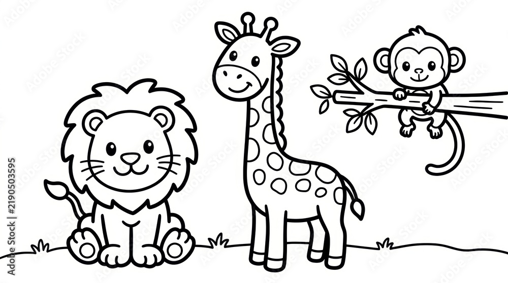 Obraz premium A cute black and white coloring page illustration featuring a smiling lion, a tall spotted giraffe, and a small monkey sitting on a tree branch