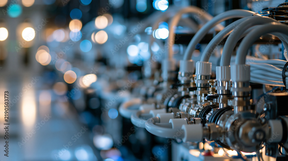 Fototapeta premium Close up view of a manifold with multiple tubing connections distributing coolant to a bright row of server racks in a scientific computing lab clean aisle blurred in the
