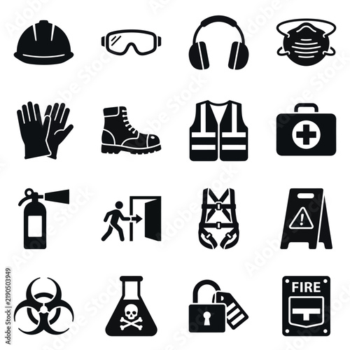 Safety Equipment and Protective Gear Icons for Workplace and Emergency Situations.