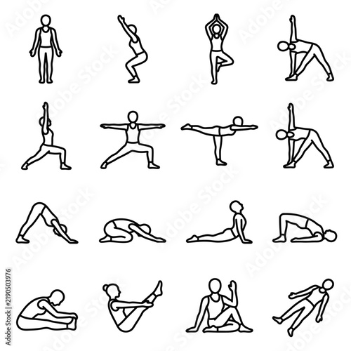 Set of 15 Dynamic Yoga and Exercise Poses Illustration.