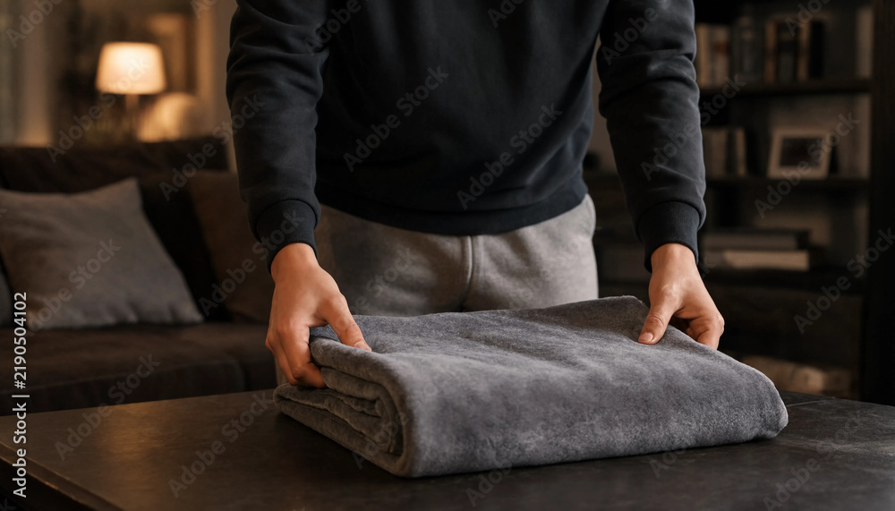 Fototapeta premium Person folding a soft gray blanket on a wooden table in a comfortable home interior with cozy home chores living room tidying up household task folding laundry textile care