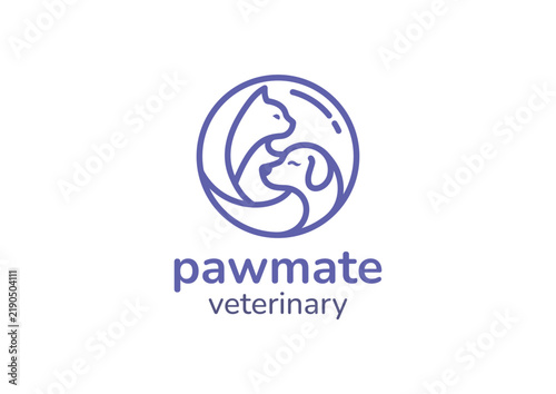 Cat and Dog Line Art Veterinary Logo Design with Circular Frame for Pet Clinic, Grooming, and Care