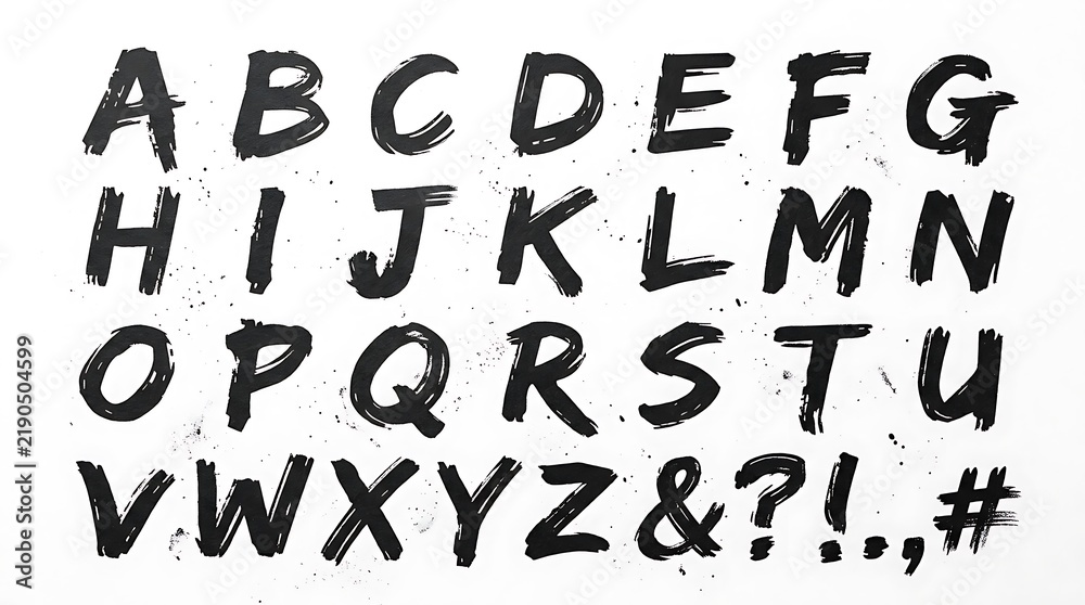 Fototapeta premium Handwritten black ink alphabet letters on a clean white background featuring rough artistic paint strokes