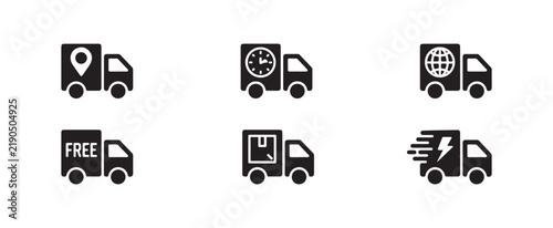 Delivery truck illustrations depict location, time, global, free, and package shipping.
