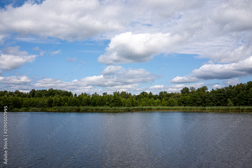 Obraz premium Wide angle view of a calm lake and river landscape with reed shores under a cloudy blue sky