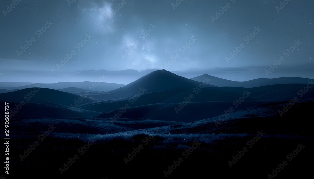 Fototapeta premium A panoramic view of a vast mountain landscape under a cloudy sky during nighttime showcasing the natural beauty and serenity of remote wilderness areas for travel and nature enthusiasts