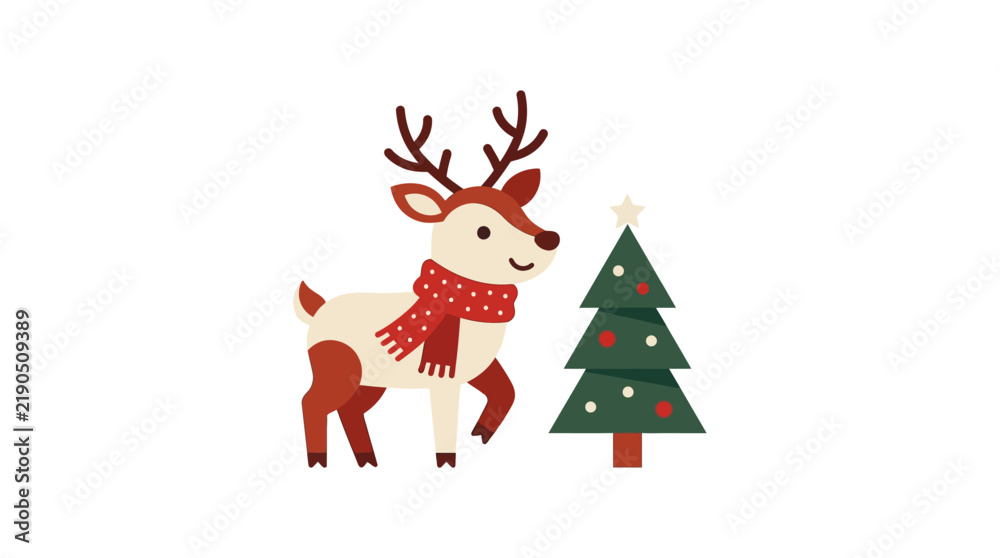 Fototapeta premium Cute Reindeer with Red Winter Scarf Standing Beside a Decorative Christmas Tree Illustration