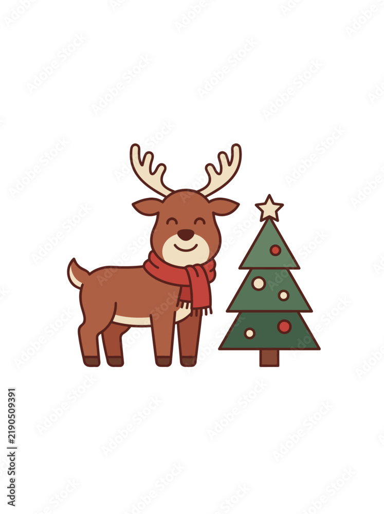 Fototapeta premium Cute Reindeer Wearing A Winter Scarf Standing Beside A Decorated Christmas Tree Illustration
