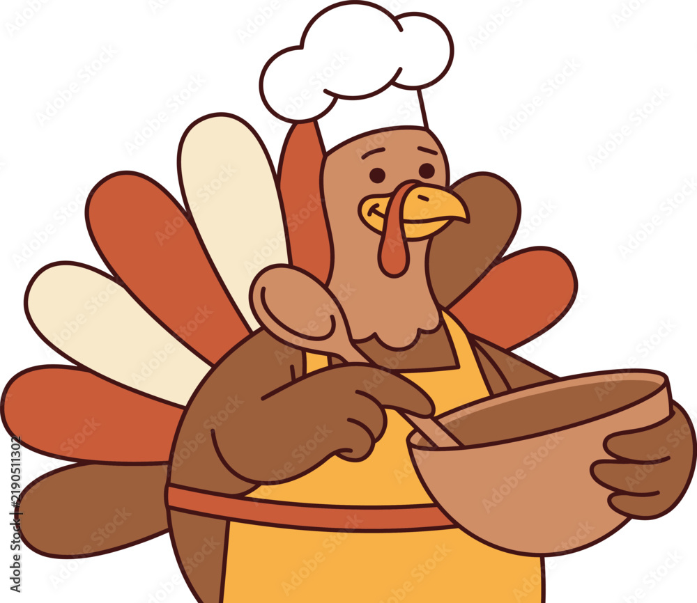 Fototapeta premium Cute cartoon turkey chef wearing a hat and apron