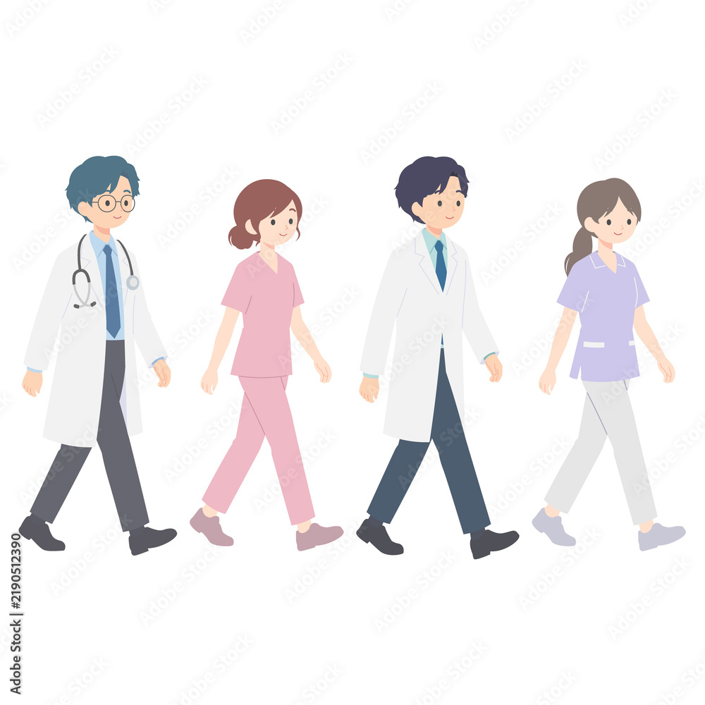 Fototapeta premium 医療チームのイラスト。医師、看護師、薬剤師、歯科衛生士が並んで立つフラットベクターイラスト。白衣やスクラブを着た多様な医療従事者たちが歩いている。病院やクリニックのスタッフをイメージしたキャラクターセット。